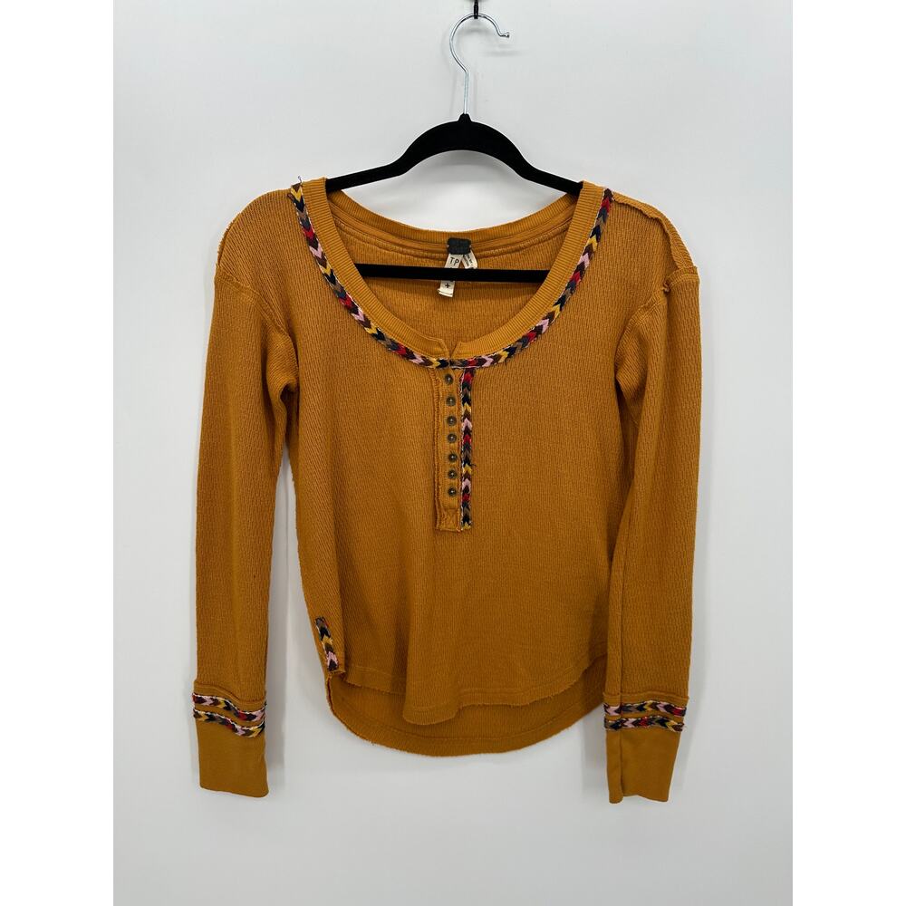 We The Free Womens Yellow‎ Thermal Knit Long Sleeve Shirt Size XS Henley Boho